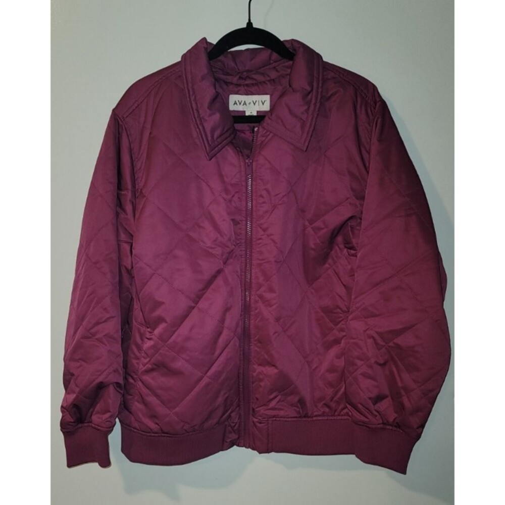 Ava & Viv Womens 1X Quilted Bomber Jacket Plum Purple Warm Lightweight Zip Front